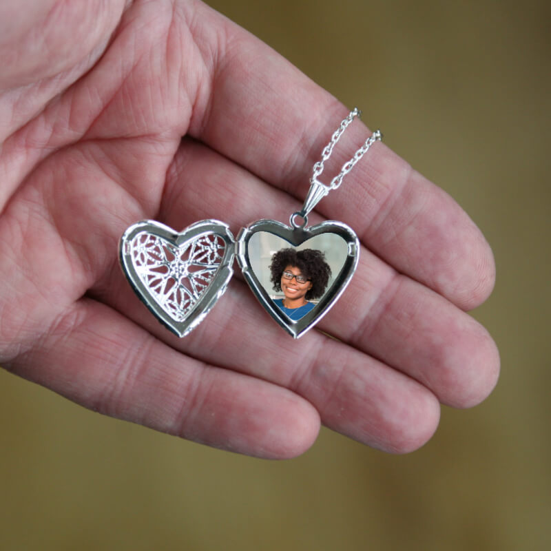 Silver heart locket necklace with a photo included